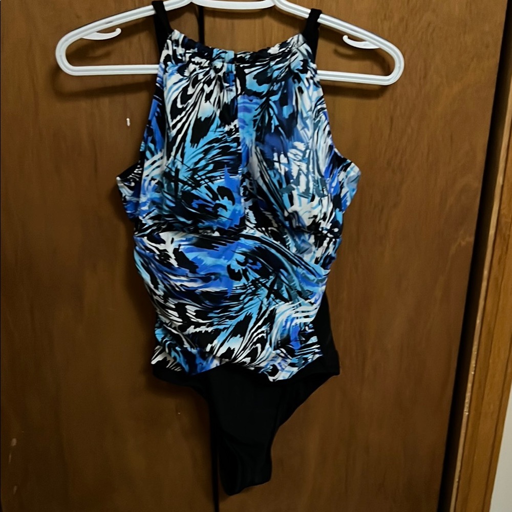Blue and Black Swirl Print Swimsuit